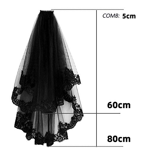BFORS Velo Negro Peine, Sheer Negro Velo de Novia Bordado Floral de Encaje de Tul Accesorios para el Cabello con el Peine, Las Mujeres Cosplay Traje de Halloween