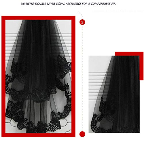 BFORS Velo Negro Peine, Sheer Negro Velo de Novia Bordado Floral de Encaje de Tul Accesorios para el Cabello con el Peine, Las Mujeres Cosplay Traje de Halloween