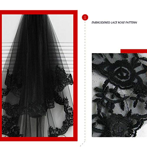 BFORS Velo Negro Peine, Sheer Negro Velo de Novia Bordado Floral de Encaje de Tul Accesorios para el Cabello con el Peine, Las Mujeres Cosplay Traje de Halloween