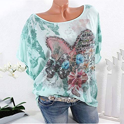 BHYDRY Camiseta de Gran tamaño para Mujer, con Cuello Redondo, Estampado y teñido.(Verde,XXX-Large)