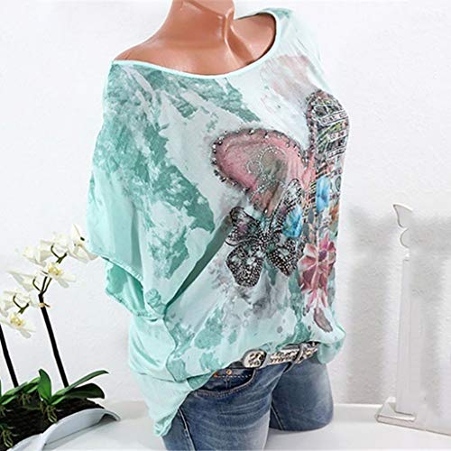 BHYDRY Camiseta de Gran tamaño para Mujer, con Cuello Redondo, Estampado y teñido.(Verde,XXX-Large)