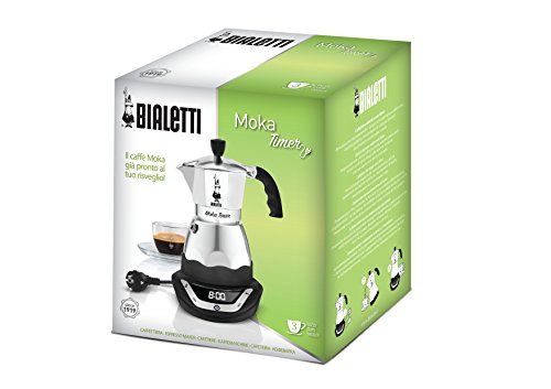 Bialetti Moka Timer- Cafetera, con Timer Incorporado, Negro/Plata, 3 tazas