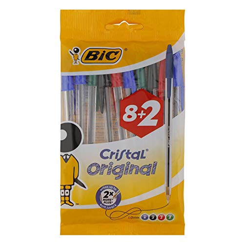 BIC Cristal Original bolígrafos punta media (1,0 mm) – colores Surtidos, Blíster de 8+2 unidades