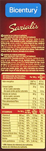 Bicentury - Sarialis - Barritas de cereales y chocolate con leche - 5 barritas x 20 g