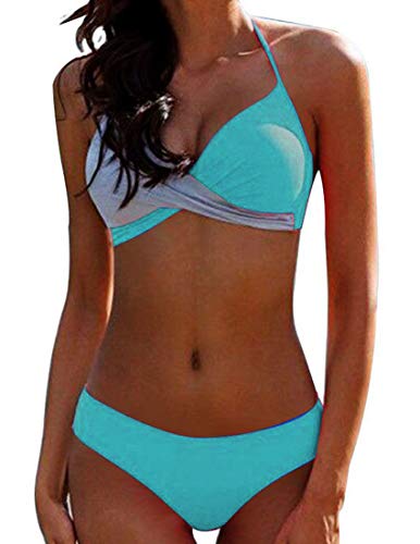 Bikini Elegante Traje de Baño Conjunto Bañador Halter Sexy Sólido para Mujer Ropa de Playa Traje de Baño Bikini Sets Talla Grande (Verde, XXL)