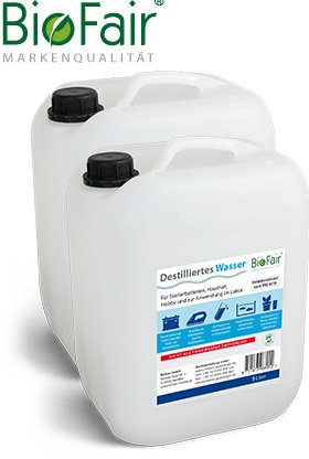 BioFair® Agua desmineralizada (20 litros) de acuerdo con VDE 0510-2 x 10 litros (agua destilada) - envío gratis