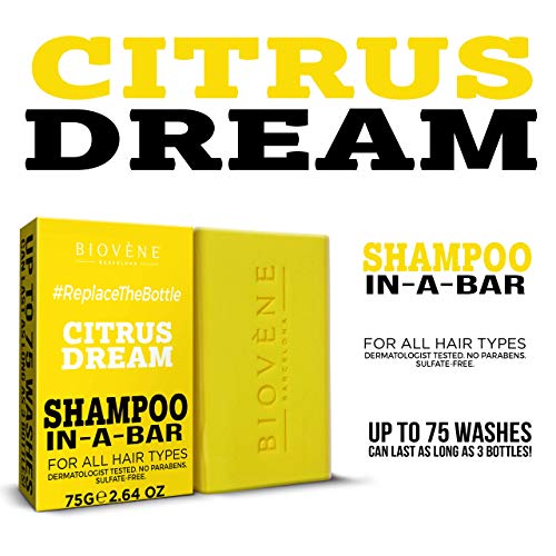 Biovène Citrus Dream Shampoo In-A-Bar - Barra de champú para una limpieza profunda - Con ingredientes naturales + aceites esenciales – Anti-quiebre/anti-caspa - Sin parabenos (75g)