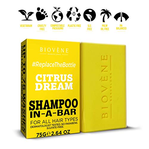 Biovène Citrus Dream Shampoo In-A-Bar - Barra de champú para una limpieza profunda - Con ingredientes naturales + aceites esenciales – Anti-quiebre/anti-caspa - Sin parabenos (75g)