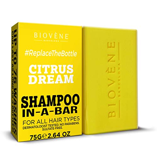 Biovène Citrus Dream Shampoo In-A-Bar - Barra de champú para una limpieza profunda - Con ingredientes naturales + aceites esenciales – Anti-quiebre/anti-caspa - Sin parabenos (75g)