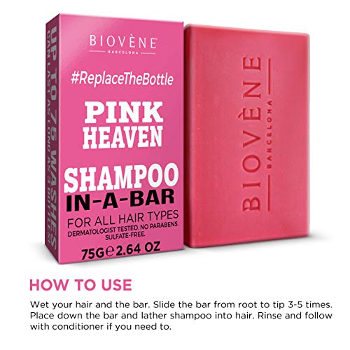 Biovène Pink Heaven Shampoo In-A-Bar – Champú en barra para una limpieza profunda - Ingredientes naturales + aceites esenciales – Anti-quiebre/resequedad del cuero cabelludo - Sin parabenos (75g)