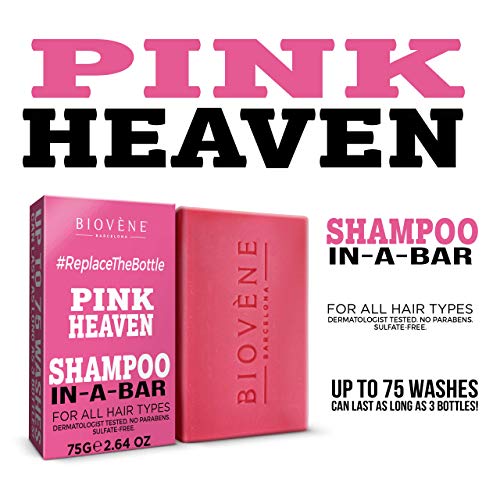 Biovène Pink Heaven Shampoo In-A-Bar – Champú en barra para una limpieza profunda - Ingredientes naturales + aceites esenciales – Anti-quiebre/resequedad del cuero cabelludo - Sin parabenos (75g)