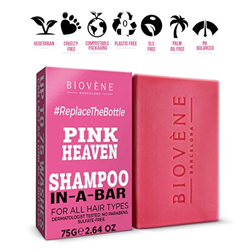 Biovène Pink Heaven Shampoo In-A-Bar – Champú en barra para una limpieza profunda - Ingredientes naturales + aceites esenciales – Anti-quiebre/resequedad del cuero cabelludo - Sin parabenos (75g)