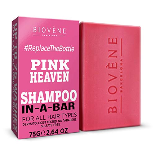 Biovène Pink Heaven Shampoo In-A-Bar – Champú en barra para una limpieza profunda - Ingredientes naturales + aceites esenciales – Anti-quiebre/resequedad del cuero cabelludo - Sin parabenos (75g)