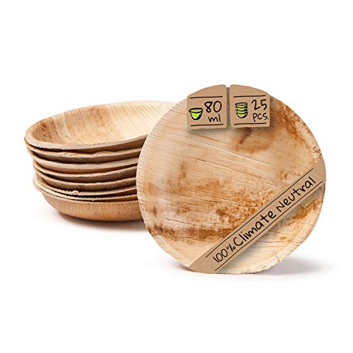 BIOZOYG Palmware - Set Cuencos Snacks I 25 Piezas orgánicas Desechables de 80ml, Ø10cm I Party vajilla compostable y Biodegradable I Hojas Palma vajilla desechable para Fingerfood Dips Buffet