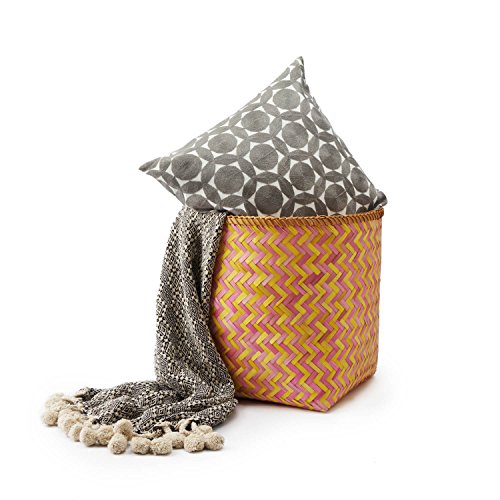 Black Velvet Studio Cesto Hanoi bambú, Color Rosa y Amarillo. Diseño Trenzado, Ligero y Fresco. 42x34x34 cm.