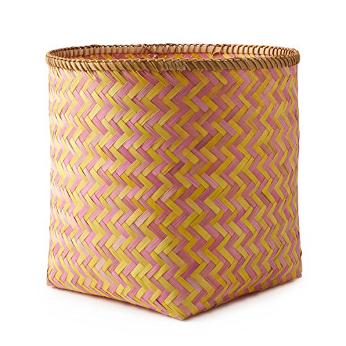 Black Velvet Studio Cesto Hanoi bambú, Color Rosa y Amarillo. Diseño Trenzado, Ligero y Fresco. 42x34x34 cm.