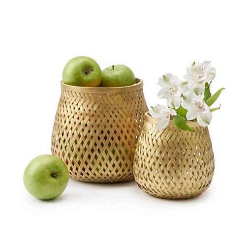 Black Velvet Studio Cesto Singapur bambú, Color Dorado. Diseño Trenzado, Ligero y Fresco. 16x11 cm.