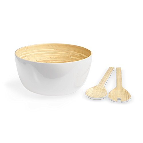 Black Velvet Studio Set Bol y Utensilios Aviñon bambú, Color Natural y Blanco Brillante. para Servir Ensalada o Comida. 13x25x25 cm.