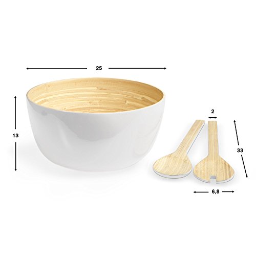 Black Velvet Studio Set Bol y Utensilios Aviñon bambú, Color Natural y Blanco Brillante. para Servir Ensalada o Comida. 13x25x25 cm.