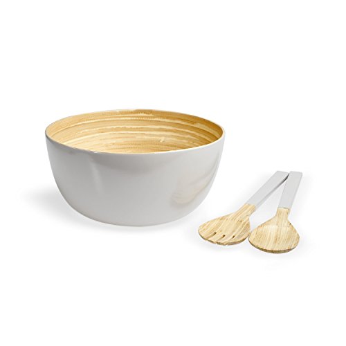 Black Velvet Studio Set Bol y Utensilios Isola bambú, Color Gris Topo Brillante. para Servir Ensalada o Comida. 12x26x26 cm.