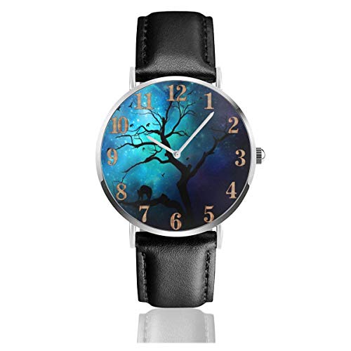 Blue Night Sky Via Lattea Moon Trees Clo Orologio in Pelle Orologi da polso Moda Unisex Orologio al quarzo Resistente ai graffi