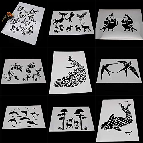 BLUGUL 9pcs A4 Plantillas de Dibujo, para Manualidades Decoración Pared Mueble Ventana Aerógrafo, Mariposa Pájaro Caballo Ciervo Gato Águila Pavo Real Tortuga Delfín