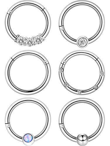 Blulu 6 Piezas de Aro de Nariz Anilla de Clicker con Bisagras de Acero Inoxidable 16G Anilla de Labio CZ Cristal Opal Joyería de Piercing, 6 Estilos (Plateado)