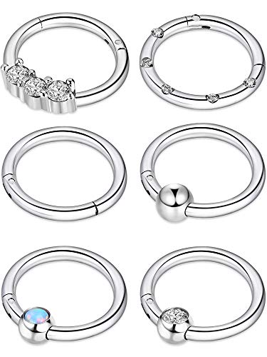 Blulu 6 Piezas de Aro de Nariz Anilla de Clicker con Bisagras de Acero Inoxidable 16G Anilla de Labio CZ Cristal Opal Joyería de Piercing, 6 Estilos (Plateado)