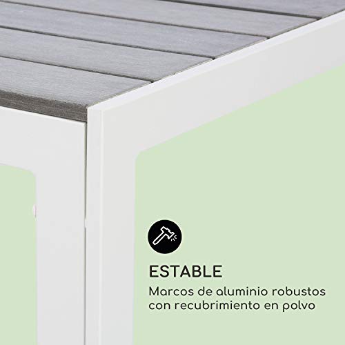 blumfeldt Bilbao White Edition - Mesa de jardín, 150 x 73 x 90 cm, hasta 6 Personas, Materiales polywood y Aluminio, Resiste al Aire Libre, Imitación de Madera, Ideal Exteriores, Blanco/Gris