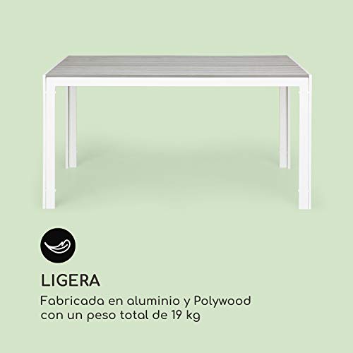 blumfeldt Bilbao White Edition - Mesa de jardín, 150 x 73 x 90 cm, hasta 6 Personas, Materiales polywood y Aluminio, Resiste al Aire Libre, Imitación de Madera, Ideal Exteriores, Blanco/Gris