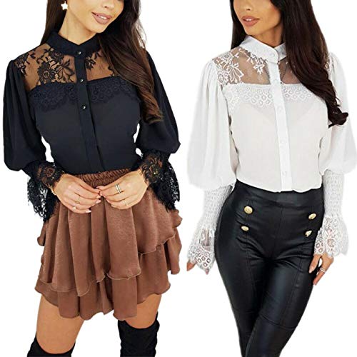 Blusa Mujer Sexy Encaje Camisa De Manga Larga Damas Primavera Verano Casual OL Trabajo Oficina Camisa Camisa Negro Blanco Linterna Manga Camisa S Blan