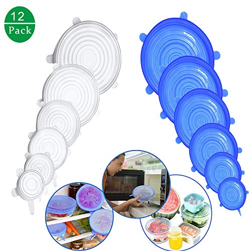 BluVast Tapas de Silicona, 12 Paquetes de Varios TamañOs de Fundas para Tazones de Silicona, Reutilizable Fundas Protectoras para Alimentos Tapa Tazas, Boles o Tarros,utilzar para Nevera y Microondas