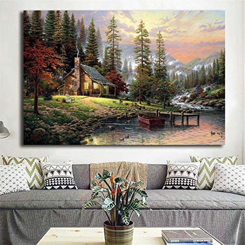 Bob Ross crea una cabaña de montaña gigante Thomas Kinkade Cartel Pintura sobre lienzo Dormitorio Arte de la pared Decoración Imágenes Decoración para el hogar 20X30CM SIN marco
