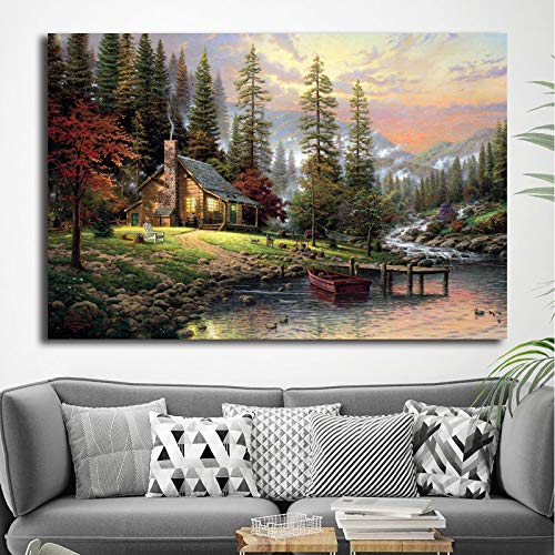 Bob Ross crea una cabaña de montaña gigante Thomas Kinkade Cartel Pintura sobre lienzo Dormitorio Arte de la pared Decoración Imágenes Decoración para el hogar 20X30CM SIN marco