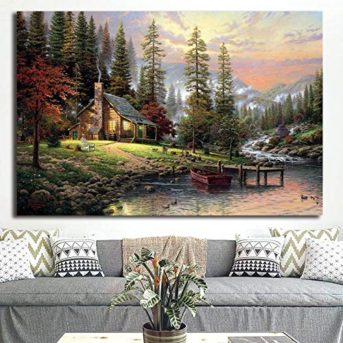 Bob Ross crea una cabaña de montaña gigante Thomas Kinkade Cartel Pintura sobre lienzo Dormitorio Arte de la pared Decoración Imágenes Decoración para el hogar 20X30CM SIN marco