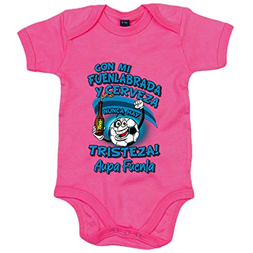 Body bebé frase con mi Fuenlabrada y cerveza nunca hay tristeza Fuenla fútbol - Rosa, 6-12 meses