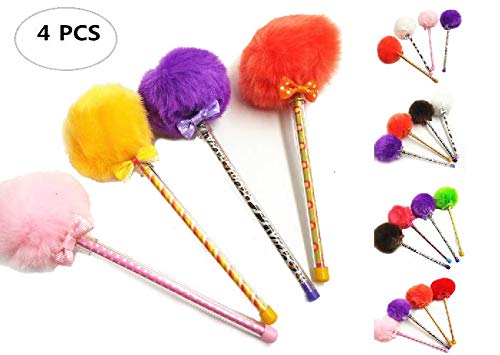 Bolígrafo con pompón de pompón de tinta negra, con pompón, color rosa, naranja, morado, amarillo, negro, rojo, para la escuela, oficina, familia, 4 unidades, colores al azar