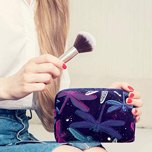 Bolsa de maquillaje de viaje dibujada a mano con diseño de libélulas con cremallera para mujer