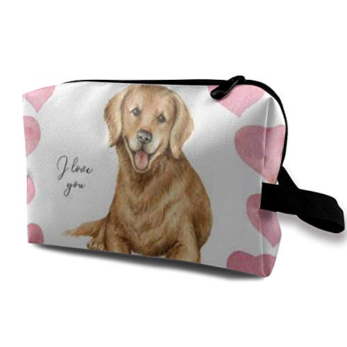 Bolsa de maquillaje para cosméticos, acuarela, marco redondo, corazones y perro recuperador de San Valentín, bolsa multifuncional, kit de viaje bolsa de almacenamiento