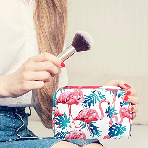 Bolsa de maquillaje portátil con hojas de palma tropicales con flamencos exóticos, bolsa de cosméticos impresa, bolsa de cosméticos para mujeres de viaje