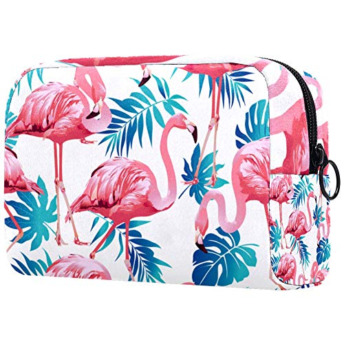 Bolsa de maquillaje portátil con hojas de palma tropicales con flamencos exóticos, bolsa de cosméticos impresa, bolsa de cosméticos para mujeres de viaje