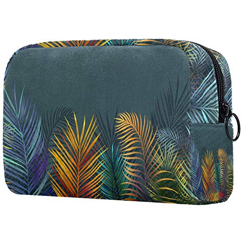 Bolsa de maquillaje portátil con hojas de palmas de colores tropicales, bolsa de cosméticos impresa, bolsa de cosméticos para mujeres de viaje