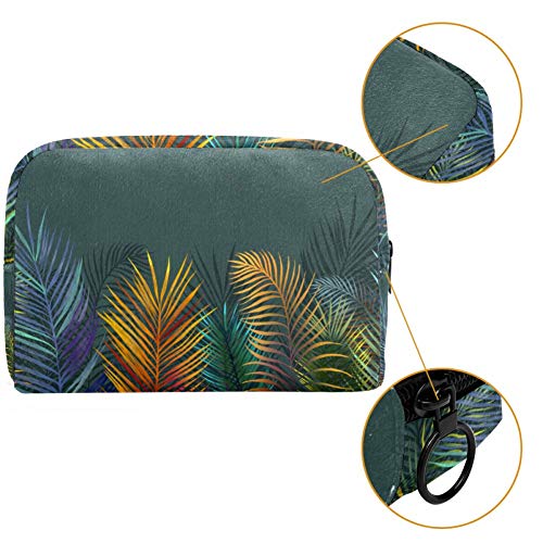 Bolsa de maquillaje portátil con hojas de palmas de colores tropicales, bolsa de cosméticos impresa, bolsa de cosméticos para mujeres de viaje