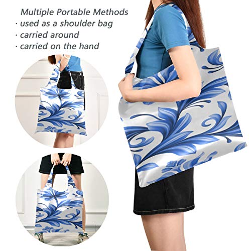 Bolsos de mano para niñas, azul, blanco, de cerámica antigua, con ilustraciones, bandolera, bolsas de supermercado reutilizables, bolsas de compras reutilizables de poliéster, lavables, duraderas y l