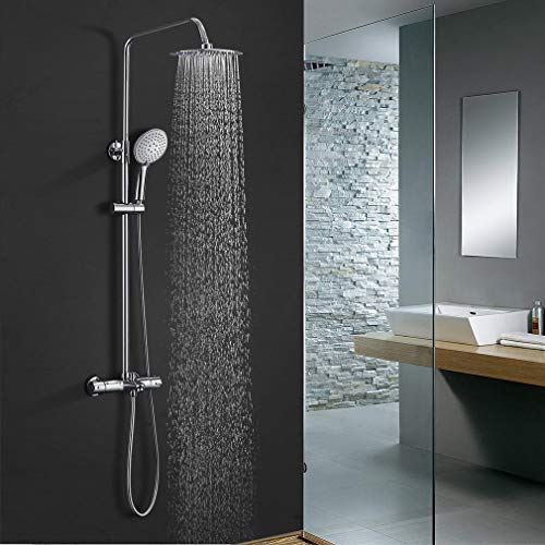 BONADE Columna Ducha Temostática Sistema Ducha con Grifo Set Ducha Cabezal de Ducha Redonda de 10 Pulgadas de Acero Inoxidable, Ducha de Mano 3 Funciones, Grifo de de Ducha Cromado, Barra Ajustable