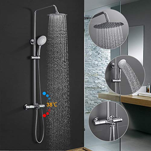 BONADE Columna Ducha Temostática Sistema Ducha con Grifo Set Ducha Cabezal de Ducha Redonda de 10 Pulgadas de Acero Inoxidable, Ducha de Mano 3 Funciones, Grifo de de Ducha Cromado, Barra Ajustable