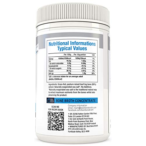Bone Broth Caldo concentrado de hueso bovino - Rico en Colágeno para mejorar la salud del intestino, la firmeza de la piel y la salud del cabello - Alimentados con hierba, libre de hormonas
