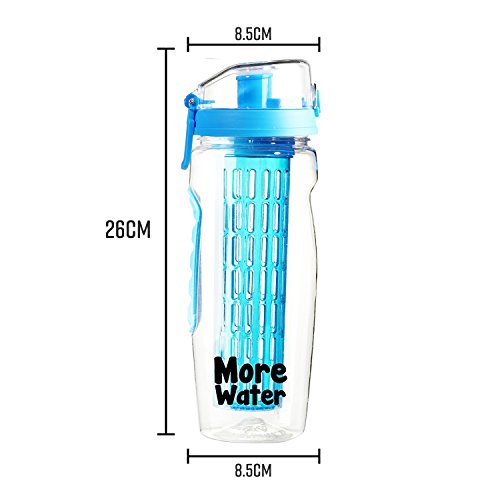 Botella de agua infusora de fruta 900ml - Premium, durable, Grande - Plástico Tritan libre de BPA, tapa flip, diseño hermético - Deportes, Camping, Yoga, Senderismo, Desintoxicación, Sano, Limpio, Paleo Dieta - More Water