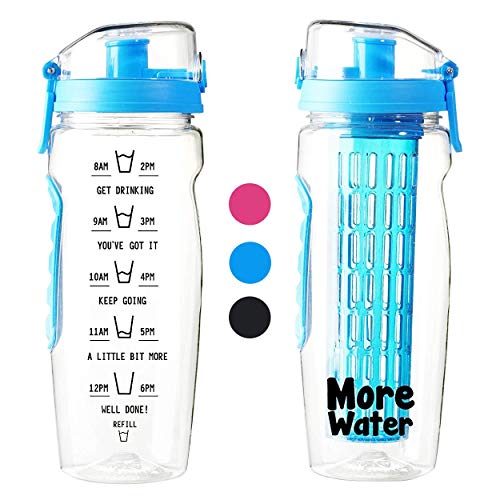 Botella de agua infusora de fruta 900ml - Premium, durable, Grande - Plástico Tritan libre de BPA, tapa flip, diseño hermético - Deportes, Camping, Yoga, Senderismo, Desintoxicación, Sano, Limpio, Paleo Dieta - More Water