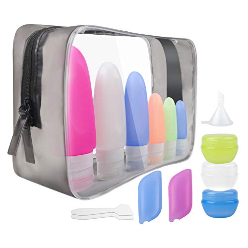 Botellas de viaje Contenedores aprobados por la TSA, 14PCS Set de artículos de tocador recargables a prueba de fugas de silicona, 3oz/2oz con frascos para champú Cosméticos Loción